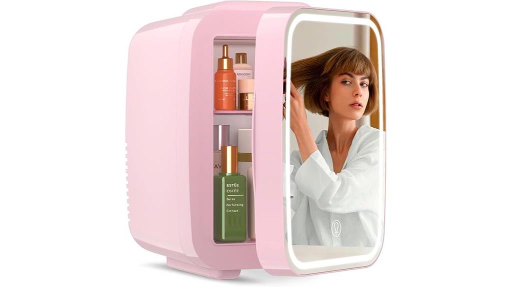 compact skincare fridge with mirror