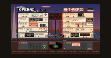 Frontier Row: OpenAI and Anthropic as two pixel-art towers on a waterfront at dusk