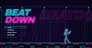 BEATDOWN neon title in cyan and magenta over a laser-lit club stage
