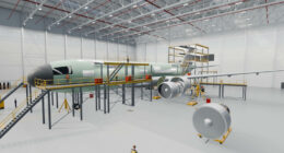 Rendered aircraft maintenance hangar with an airliner in a yellow work dock, one engine on a stand and technicians on platforms