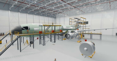 Rendered aircraft maintenance hangar with an airliner in a yellow work dock, one engine on a stand and technicians on platforms