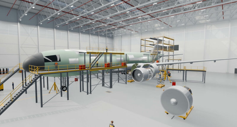 Rendered aircraft maintenance hangar with an airliner in a yellow work dock, one engine on a stand and technicians on platforms